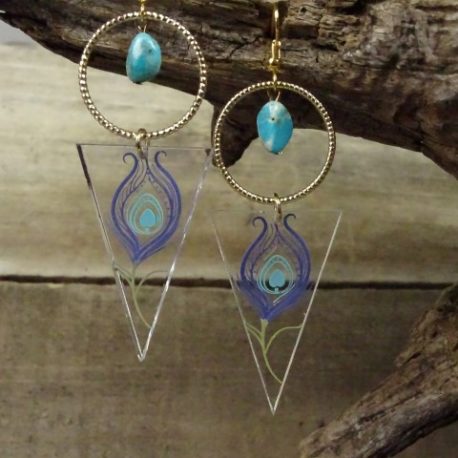 Boucles d’oreilles plume de paon anneaux