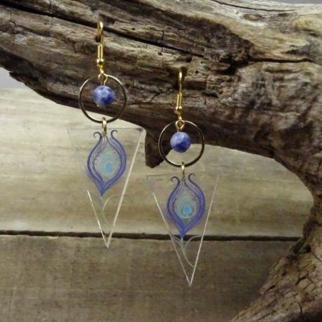 Boucles d’oreilles plume de paon et sodalite (3)