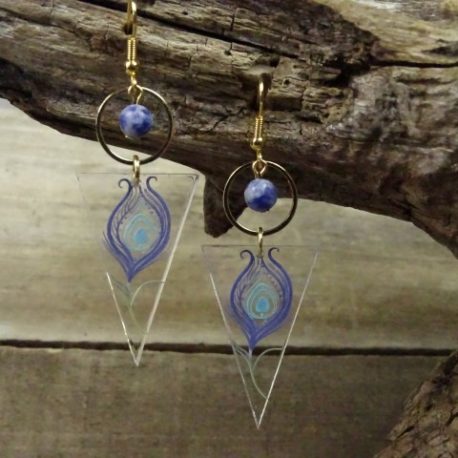 Boucles d’oreilles plume de paon et sodalite (4)