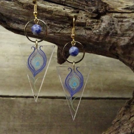 Boucles d’oreilles plume de paon et sodalite (5)