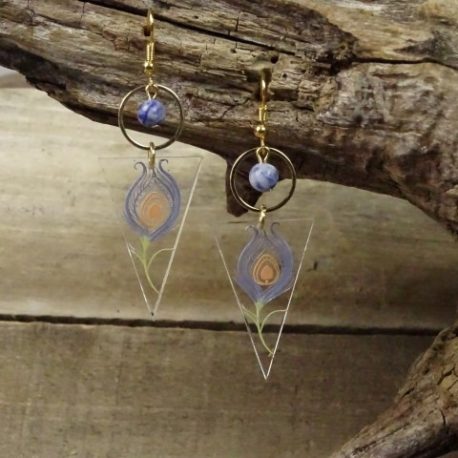 Boucles d’oreilles plume de paon et sodalite (8)