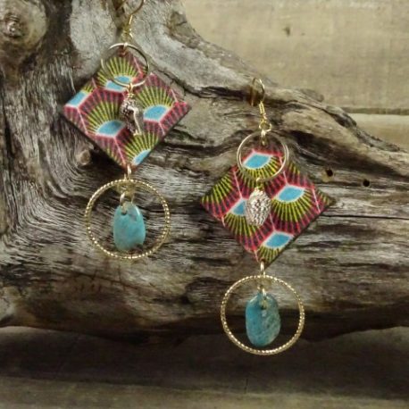 Boucles d’oreilles plumes de paon et turquoise (3)