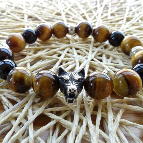 Bracelet homme œil de tigre, onyx, tête de loup acier (2)