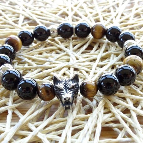 Bracelet homme onyx, œil de tigre, tête de loup acier