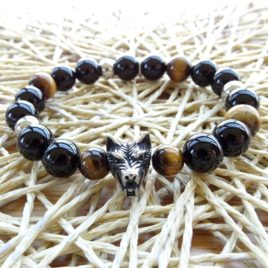 Bracelet homme onyx – œil de tigre – tête de loup