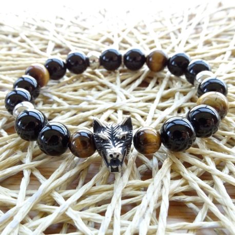 Bracelet onyx, œil de tigre, tête de loup acier