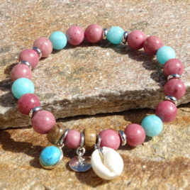 Bracelet rhodonite, amazonite, turquoise et coquillage